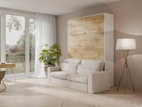 Lit escamotable 140 x 200 cm - Ouverture verticale manuelle - Avec LEDs - Blanc et naturel + Matelas + Canapé - RAPILI
