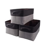 Mangata Canvas Storage Box 3 Pack, Fabric Storage Basket with Handles for Cupboards, Shelves, Clothes, Toys (Medium, Foldable, Grey Black)