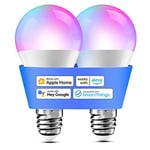 Smart Light Bulb Set of 2 LED Bulbs Compatible with HomeKit, Siri, Alexa, Google Home and SmartThings, E27 RGBWW Wi-Fi Bulb, Dimmable, Multicoloured, with Voice Control and Remote Control