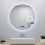 Acezanble - Miroir lumineux Rond 80cm avec Horloge + 3 Couleurs + Dimmable + Anti-buée + grossissant 3x