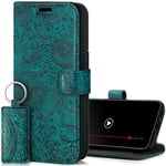SURAZO Protective Phone Case For Apple iPhone 15 Pro Case - Genuine Leather RFID Wallet with Card Holder, Magnetic Closure, Stand - Flip Cover Full Body Casing Screen Protector (Floral Turquoise)