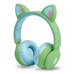 Kids Headphones Wireless Bluetooth Cat Ear Headphones with Flashing Light,SD Card Slot,FM,3.5mm Audio Jack Wired On Ear Headphones for Boys Girls Adults(Grass blue)