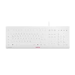 CHERRY STREAM PROTECT KEYBOARD, wired keyboard with removable silicone keyboard protector, German layout (QWERTZ), flat design, disinfectable, white-grey