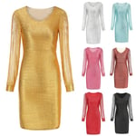 Women Fashion Sexy Bodycon Long Sleeve Dress Gold 2xl