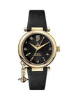 Vivienne Westwood Ladies Orb Heart Black And Gold Detail Charm Dial Black Leather Strap Watch