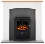 Dimplex Oakmead Optiflame Electric Fire Suite, Black Wood Burner Style Stove Suite with Ivory Surround, LED Flame Effect with 2kW Adjustable Fan Heater, Complete Fireplace and Remote Control