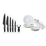 Tower Essentials Kitchen Knife Set, Stone-Coated with Stainless Steel Blades, Black, 6-Piece & Amazon Basics Dinnerware Set, Service for 4, 16-Piece