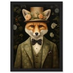 Fox in Floral Victorian Suit and Top Hat Surrealism Artwork Green Orange Woodland Gentleman Artwork Framed Wall Art Print A4