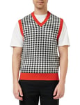United Colors of Benetton Men's V Neck Sweater S/M 1135k400o Vest, Pied De Poule Black and White and Red 29l, L