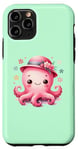Coque pour iPhone 11 Pro Fond vert avec pieuvre mignonne avec chapeau et fleurs