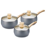 Tower T800071G Scandi Induction Saucepan Set With Glass Lids, Non Stick, Soft Touch Wood Effect Handles, Grey, 3 Piece, 16/18/20 cm