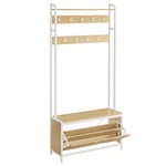 VASAGLE Meuble d’Entrée avec Banc, 9 Crochets et Étagère, Porte-Manteaux, Vestiaire, pour Couloir, Chambre, Style Moderne, Couleur Chêne et Blanc HSR405W09