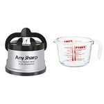 AnySharp Knife Sharpener with PowerGrip, Silver, One Size & Pyrex Glass Measuring Jug, Transparent, 1 Litre