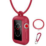 Coholl with Genuine Leather Necklace Pendant Strap Replacement Silicone Protector Cases Cover Compatible for Apple Watch Series SE/7/6/5/4/3/2/1 38/42/40/44mm Neck Band Accessories (44mm,Red)