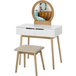 Coiffeuse design scandinave table de maquillage avec miroir, 2 tiroirs et tabouret blanc pin clair - Blanc
