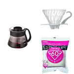 Hario V60 Coffee Glass Server and V60 Glass Dripper 01 White with V60 White Filter Papers