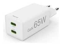 Hama - Strömadapter - Usb-C, Gan, Power Delivery - Ac 100-240 V - 65 Watt - Utgångskontakter: 2 - Vit
