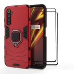 Dedux Case Shell for Oppo Realme 6 Pro, Rugged PC TPU Bumper Cover With Ring Holder and 2 Pieces Screen Protectors Compatible with Oppo Realme 6 Pro. Red