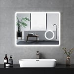 Miroir lumineux de salle de bain avec Interrupteur Tactile, Fonction Anti-buée, 3x Loupe 80x60cm Lumière Blanche froide - Emke