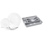 Sabichi 12pc Day to Day White Dinner Set - Microwave & Dishwasher Safe- 4 x Dinner Plates, 4 x Side Plates, 4 x Soup Bowls & Wham Silver 5 Compartment Plastic Cutlery Holder Tray Drawer Organiser Rack