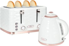 Kettle 4 Slice Toaster Set Rapid Boil 3000W Glossy White Cream Rose Gold Rim New