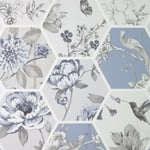 Arthouse Chinoise Decoupage Wallpaper Birds Floral Geometric Patchwork Geo Blue
