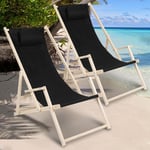 2X Chaise longue en bois Chilienne Chaise de camping pliable Chaise longue de plage pliante Chaise de plage - noir - Einfeben
