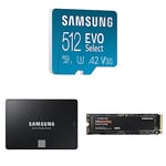 Samsung EVO Select 512GB microSDXC UHS-I U3 130MB/s Full HD & Samsung SSD 870 EVO, 250 GB, Form Factor 2.5” & Samsung 970 EVO Plus 250 GB PCIe NVMe M.2 (2280)