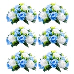 NUPTIO Pcs of 6 Fake Flower Ball Arrangement Bouquet,15 Heads Plastic Roses with Base, Suitable for Our Store's Wedding Centerpiece Flower Rack for Parties Valentine's Day Home Décor (Blue & White)