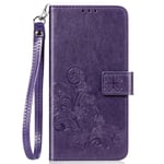 Huawei Honor 9A Phone Case, Shockproof Flip Lucky Clover New PU Leather Wallet Cover with Soft TPU Bumper Card Holder Stand Wrist Strap Folio Magnetic Protective Case for Huawei Honor 9A, Purple