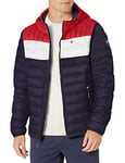 Tommy Hilfiger Men's Water Resistant Ultra Loft Filled Hooded Puffer Jacket Down Alternative Coat, Midnight/Ice/Red Flag Colorblock, XL UK