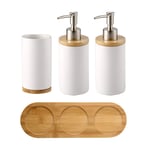 OnePine 4-Piece Ceramic Bathroom Set Includes Soap Dispenser Pump, Tumblers, Bamboo tray