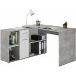 Idimex - Bureau d'angle carmen avec meuble de rangement intégré 4 étagères 1 porte et 1 tiroir, décor béton et blanc mat - couleur béton/blanc