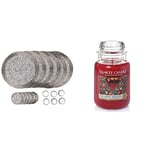 Woodwick Ellipse Scented Candle with Crackling Wick - Fireside - Up to 50 Hours Burn Time & Penguin Home Glass beaded 6 x Placemats (32cm), 6 x Coasters (10cm) & 6 x Napkin Rings (5cm) - Set of 18