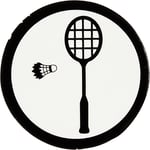 Kartongetikett, badmintonracket + fjäderboll, Dia. 25 mm, vit/svart, 20 st./ 1 förp.