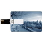 32G USB Flash Drives Credit Card Shape Winter Decor Memory Stick Bank Card Style Ice Cold Frozen Snowy Scenery from Castle like Balcony with Leafless Branches Art,White Waterproof Pen Thumb Lovely Jum