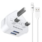 Rekavin Phone Charger Plug and cable 1M,Fast Charging Lead with Dual USB Plug Charger Adapter UK Adaptor 2.1A Replacement for iPhone Xs/Xs Max/XR/X 8/7/6/6S Plus 11 12 10 SE/5S/5C, Pad, Pod