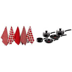 Penguin Home Tefal Delight Cookware Set - Black, 5 Pieces 100% Cotton Tea Towel Set of 5 - Stylish Red Design - 65 x 45cm