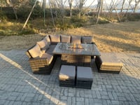 High Back Rattan Garden Furniture Sets Gas Fire Pit Dining Table  Left Corner Sofa Small Footstools Chair 9 Seater