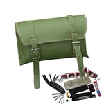 Bike Repair Set: Box Leather Bag, Multi-tool, Puncture Repair Kit MADE IN UK Green