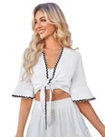 Belle Poque Boléro court à manches mi-longues en mousseline de soie pour femme, blanc, L
