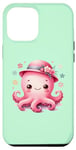 Coque pour iPhone 15 Pro Max Fond vert avec pieuvre mignonne avec chapeau et fleurs