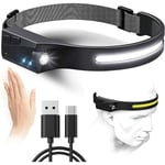 Kraftfull uppladdningsbar pannlampa, vattentät LED-huvudlampa, 350 lumen, rörelsesensor, för fiske, camping, läsning, vandring [energiklass A+++] (gör inte