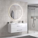 SparMax LindaDesign 120 cm grå alm baderomsmøbel dobbel m/hvit servant og rundt speil