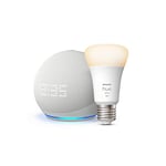 Echo Dot (5th generation, 2022 release) with clock, Glacier White + Philips Hue White Smart Light Bulb LED (E27), Works with Alexa - Smart Home Starter Kit