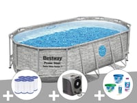Kit piscine tubulaire ovale Bestway Power Steel SwimVista avec hublots 4,27 x 2,50 x 1,00 m + 6 cartouches de filtration + Kit de traitement au chlore + Pompe à chaleur
