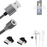 Magnetic charging cable + earphones for Xiaomi Redmi Note 11T Pro + USB type C a