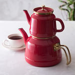 Karaca Set de théières en émail rétro rouge, compatible à induction, bouilloire, infuseur à thé 1,1 l, bouilloire 2,3 l, bouilloire turque, bouilloire à thé, caydanlik, bouilloire et théière