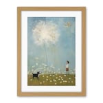 Artery8 Chasing the Giant Dandelion Dream Artwork Giant Wish Oil Painting Kids Bedroom Child and Pet Dog in Daisy Field Artwork Framed Wall Art Print 18X24 Inch