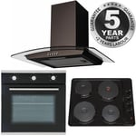 SIA 60cm Black Single Electric Oven, 4 Zone Plate Hob & Curved Glass Cooker Hood